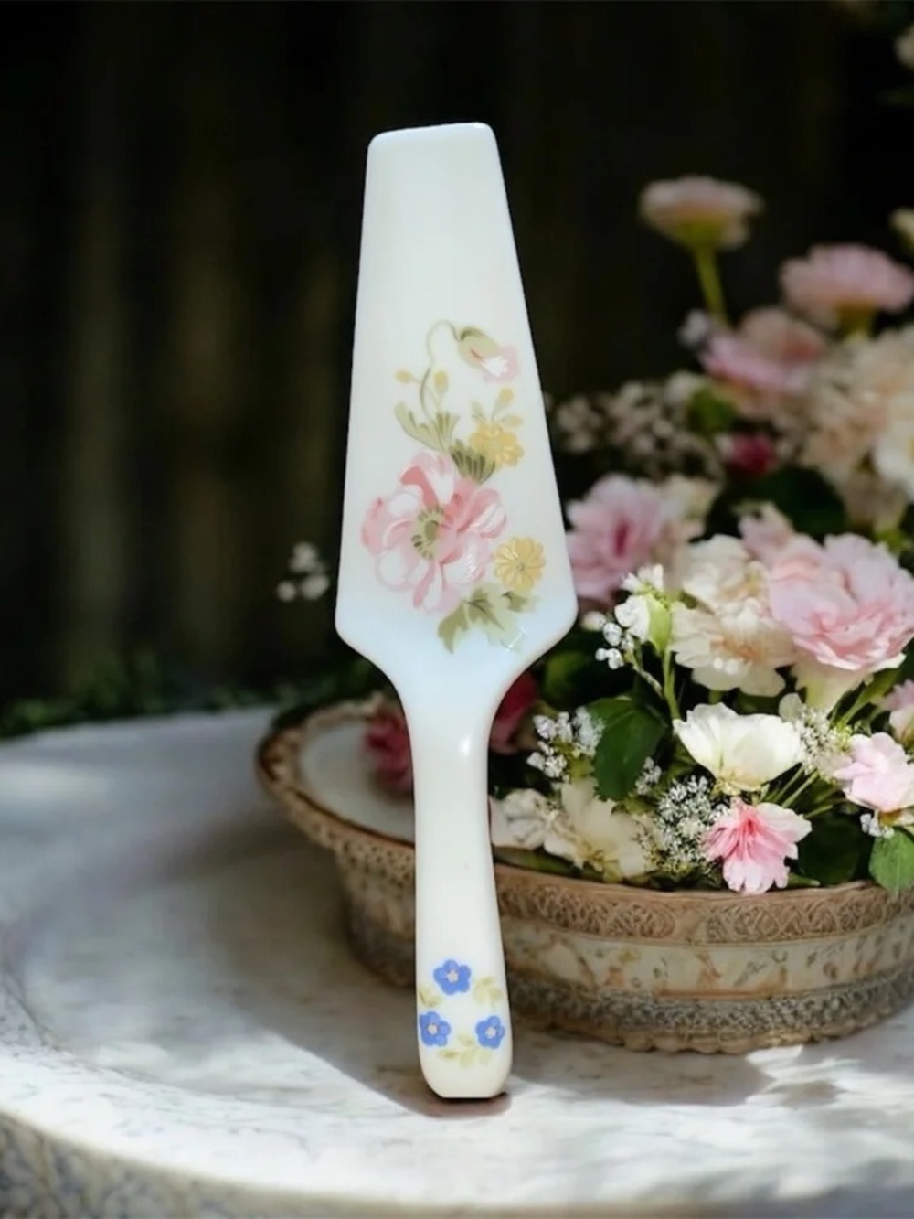 White Floral Ceramic Cake Server with Pink and Yellow Blooms